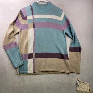 Vintage 90s Koret Mock Neck Pullover Sweater S Blue Tan Striped Lagenlook